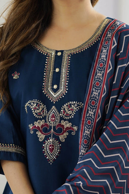 Nilufar Navy Blue Chanderi Silk Embroidered Kurta Set