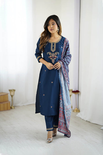 Nilufar Navy Blue Chanderi Silk Embroidered Kurta Set