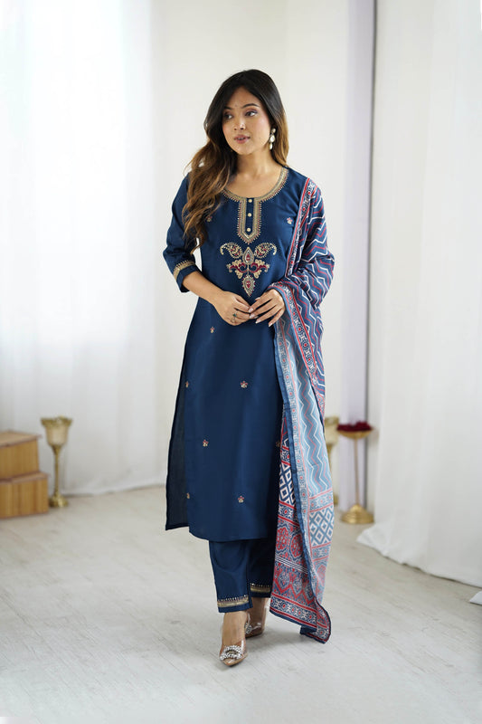 Nilufar Navy Blue Chanderi Silk Embroidered Kurta Set