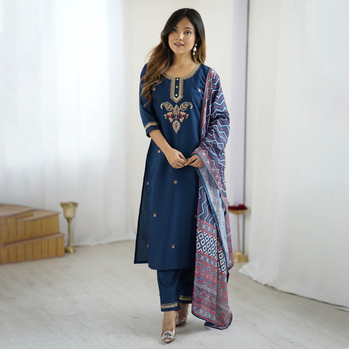 Nilufar Navy Blue Chanderi Silk Embroidered Kurta Set