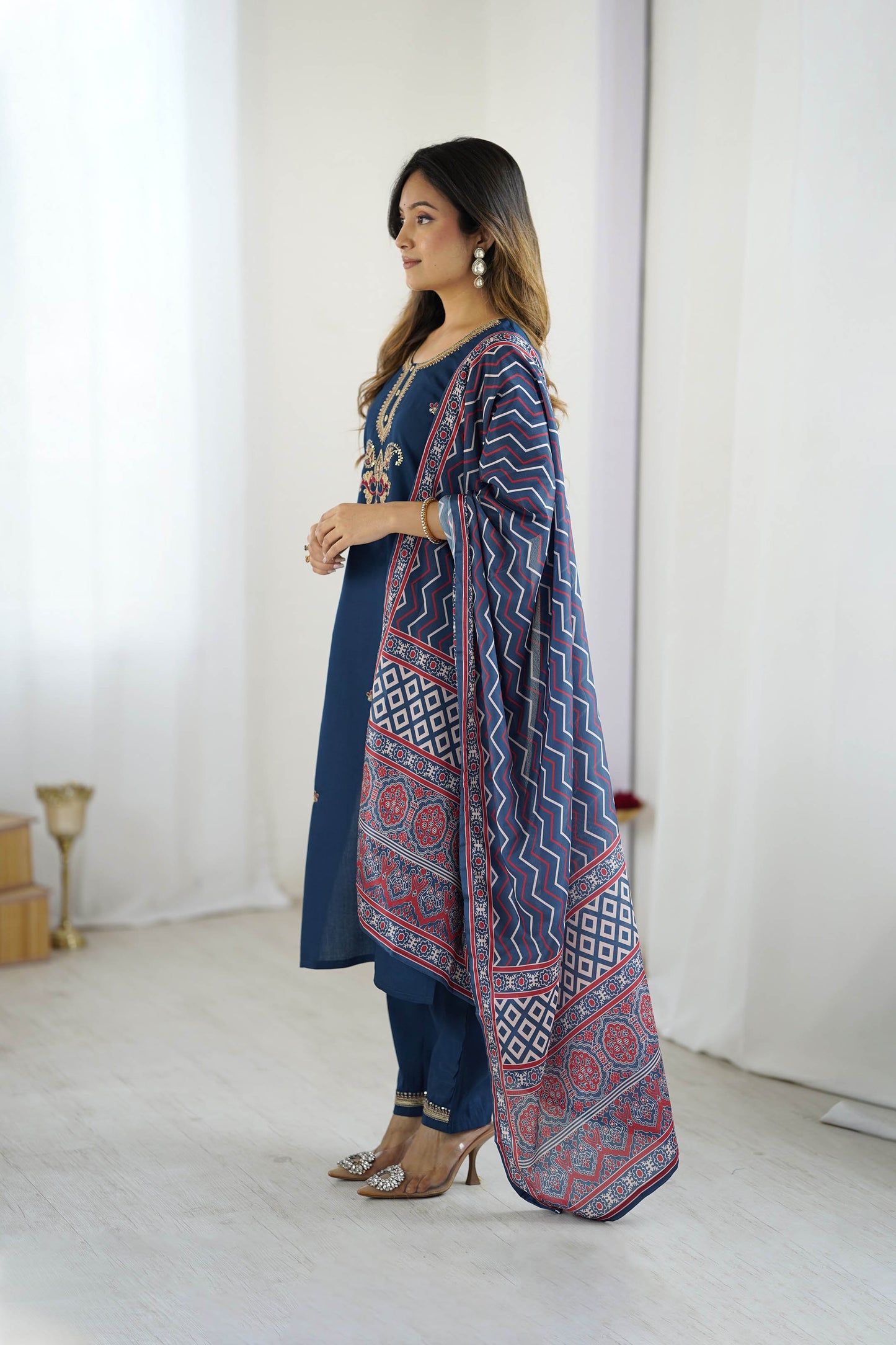 Nilufar Navy Blue Chanderi Silk Embroidered Kurta Set