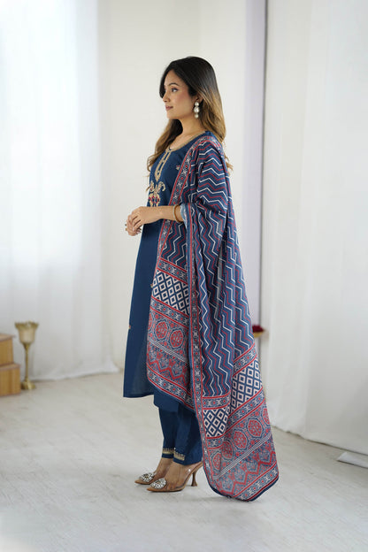 Nilufar Navy Blue Chanderi Silk Embroidered Kurta Set