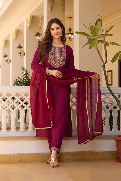 Vasanti Maroon Rayon Embroidered Kurta Set