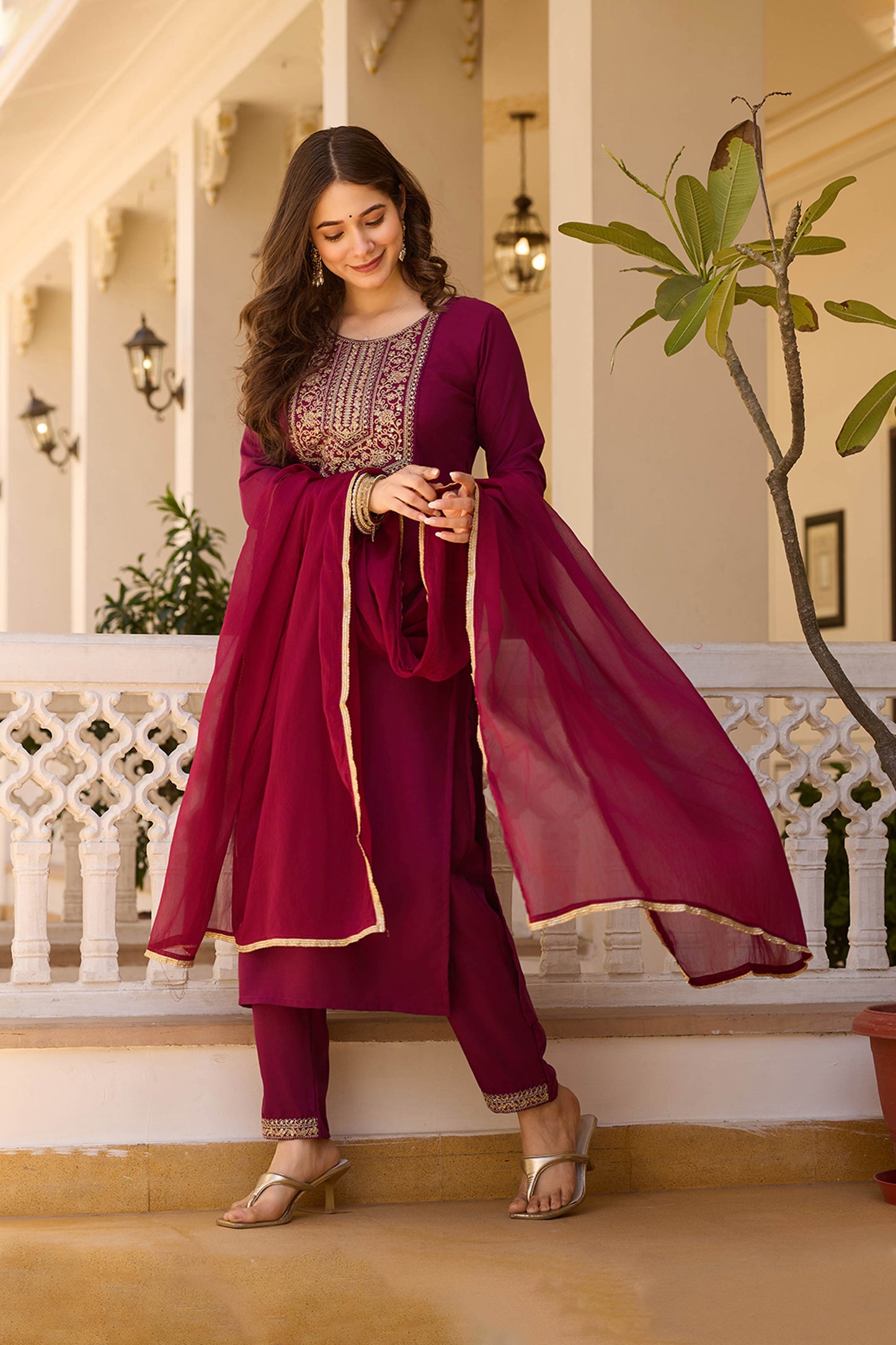 Vasanti Maroon Rayon Embroidered Kurta Set