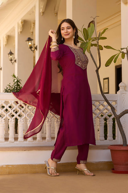 Vasanti Maroon Rayon Embroidered Kurta Set