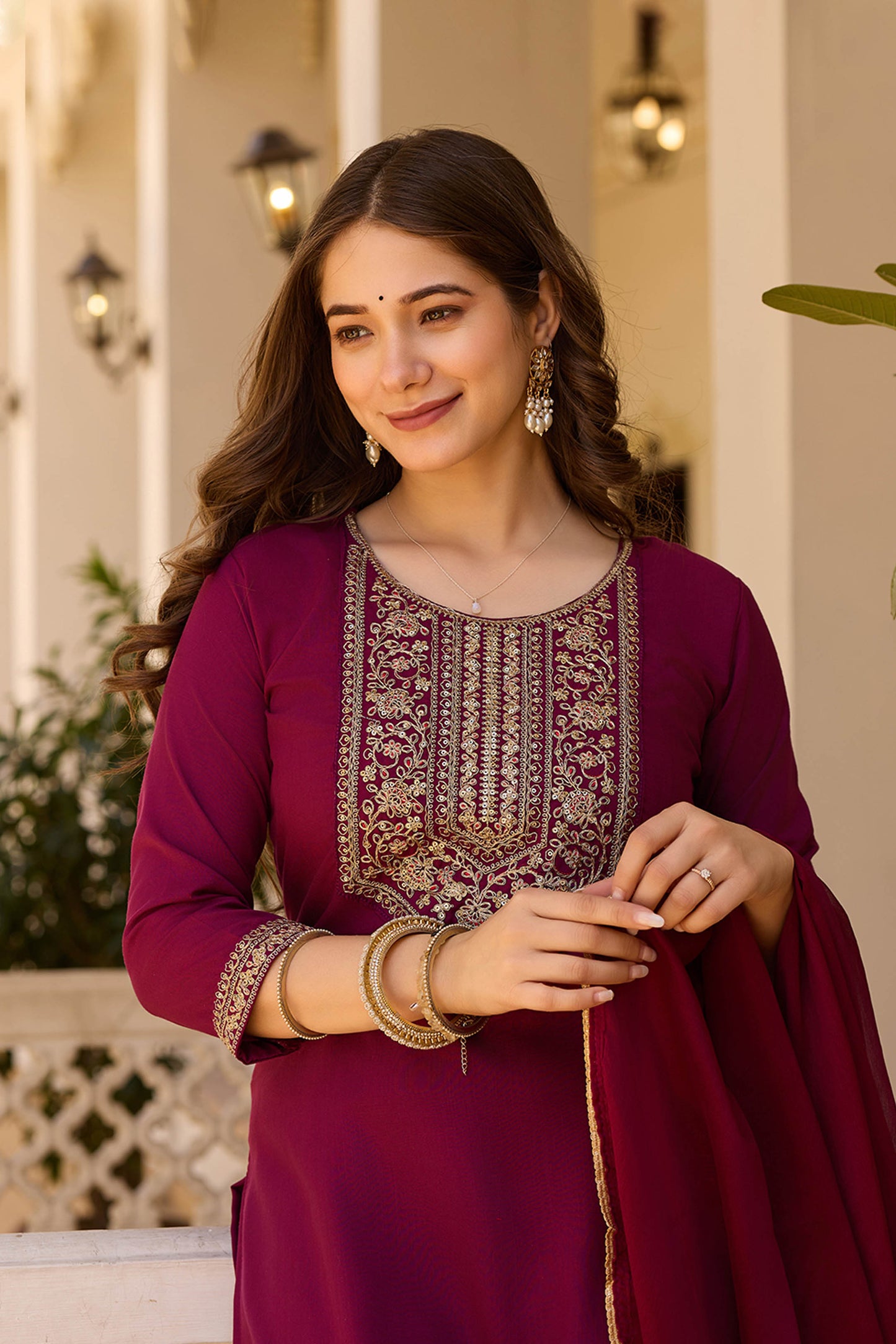Vasanti Maroon Rayon Embroidered Kurta Set