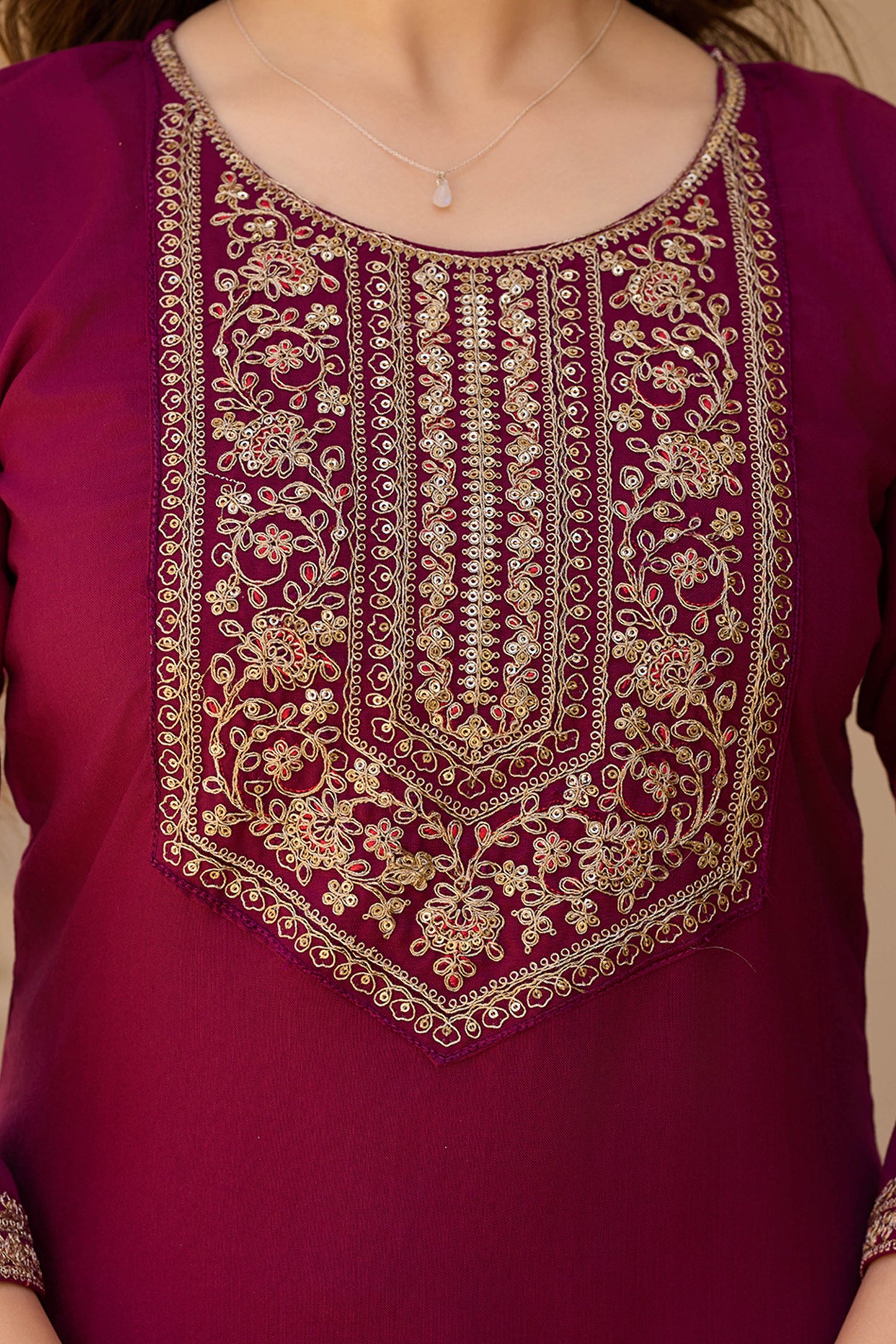 Vasanti Maroon Rayon Embroidered Kurta Set