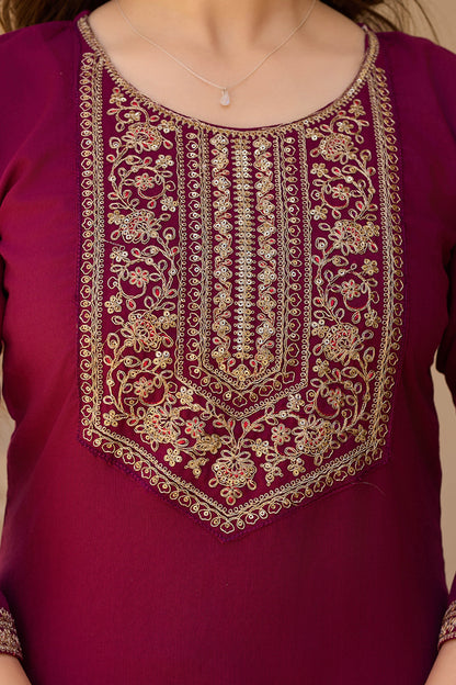 Vasanti Maroon Rayon Embroidered Kurta Set