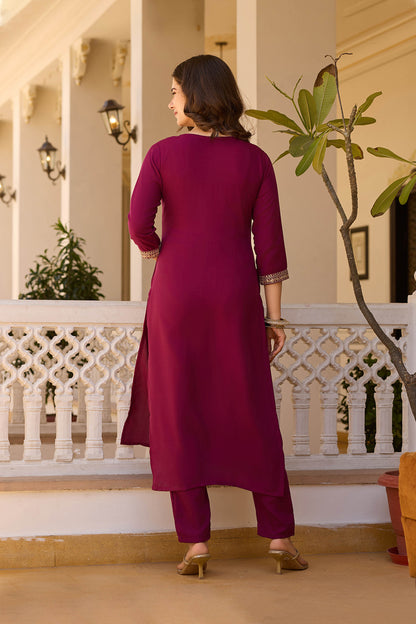 Vasanti Maroon Rayon Embroidered Kurta Set