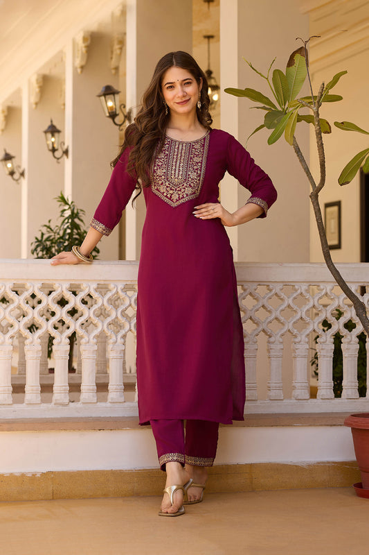 Vasanti Maroon Rayon Embroidered Kurta Set