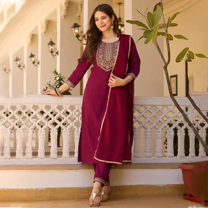 Vasanti Maroon Rayon Embroidered Kurta Set