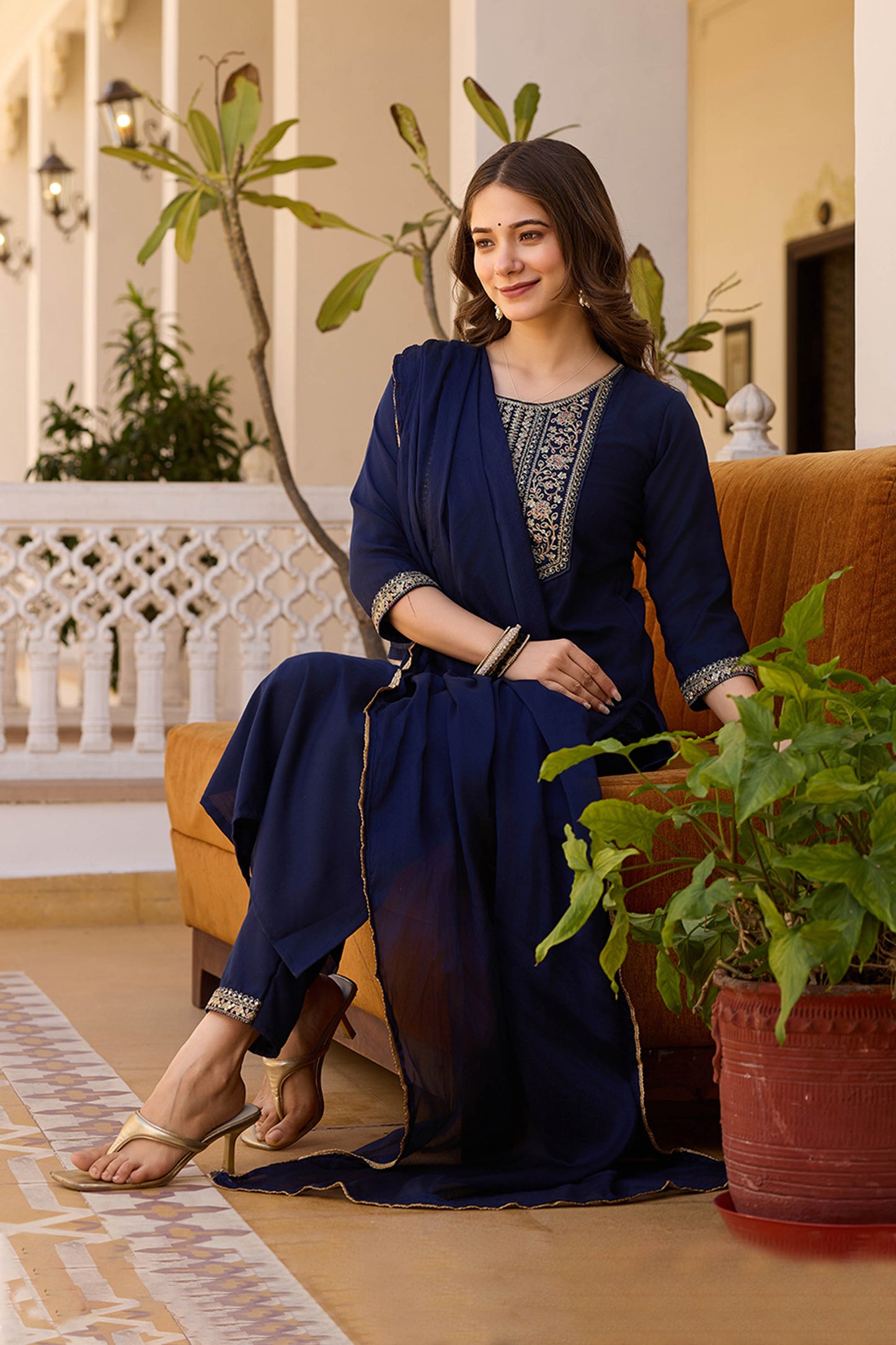 Indrani Navy Blue Rayon Embroidered Kurta Set