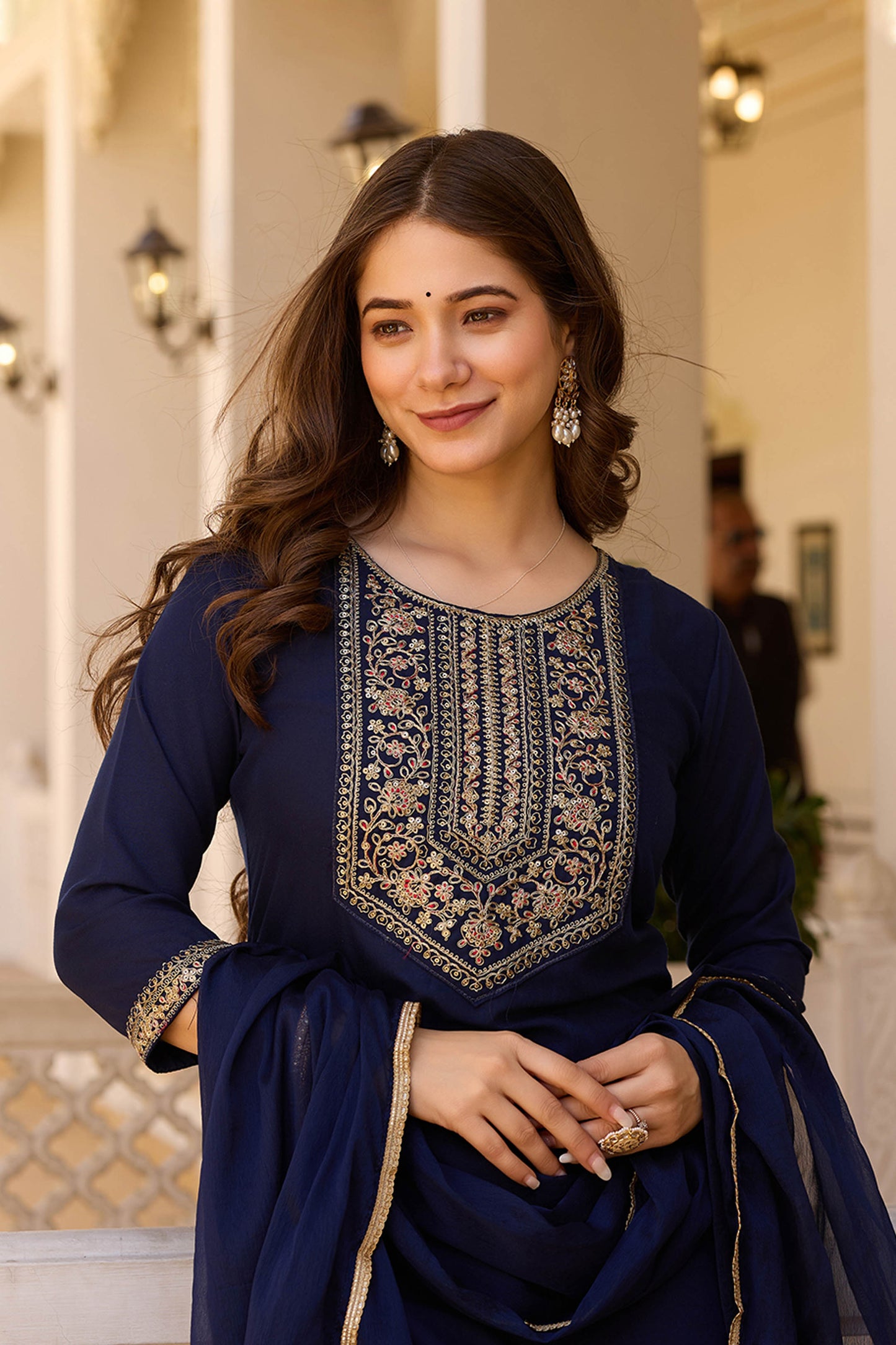 Indrani Navy Blue Rayon Embroidered Kurta Set