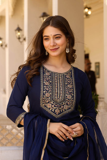 Indrani Navy Blue Rayon Embroidered Kurta Set
