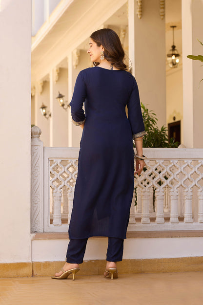Indrani Navy Blue Rayon Embroidered Kurta Set