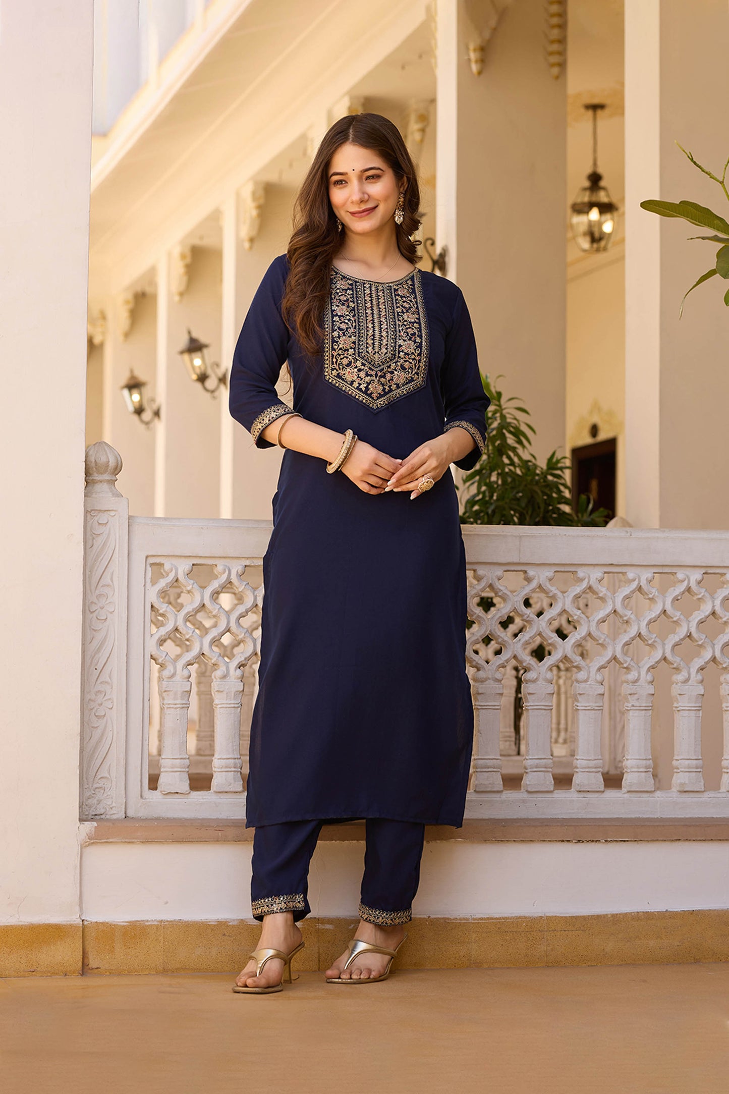 Indrani Navy Blue Rayon Embroidered Kurta Set