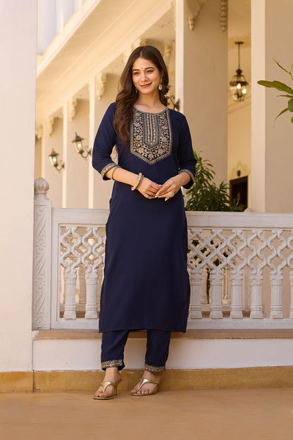 Indrani Navy Blue Rayon Embroidered Kurta Set