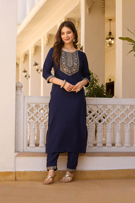 Indrani Navy Blue Rayon Embroidered Kurta Set