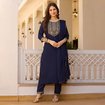 Indrani Navy Blue Rayon Embroidered Kurta Set