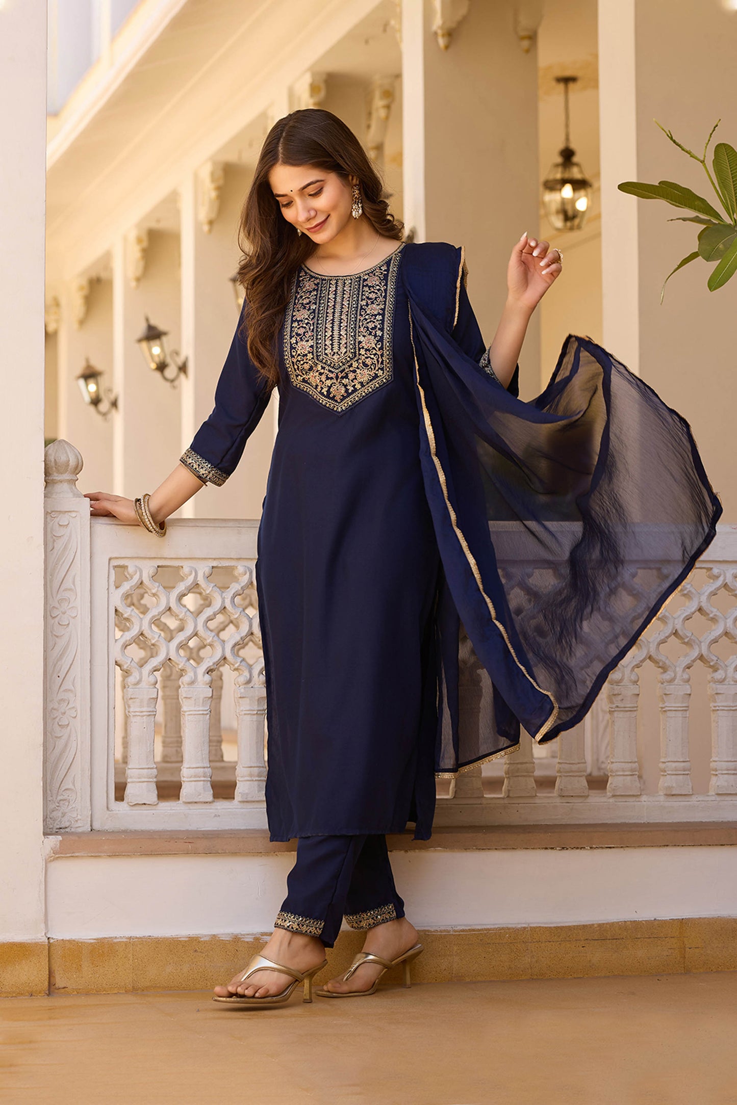 Indrani Navy Blue Rayon Embroidered Kurta Set