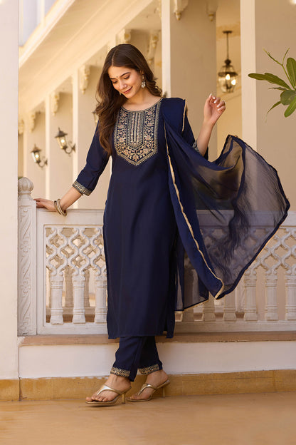 Indrani Navy Blue Rayon Embroidered Kurta Set