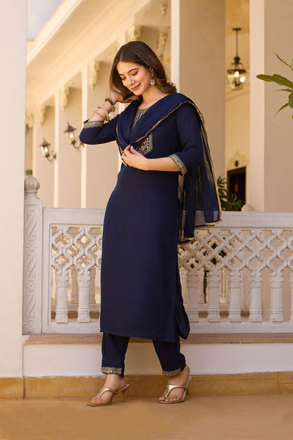Indrani Navy Blue Rayon Embroidered Kurta Set