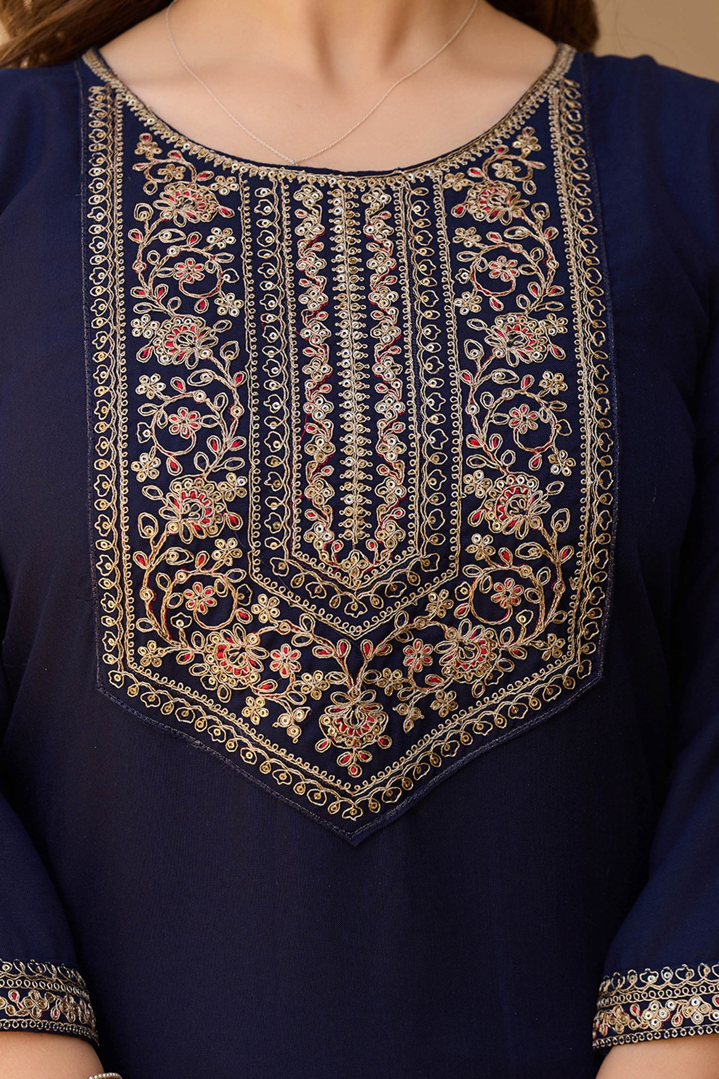Indrani Navy Blue Rayon Embroidered Kurta Set