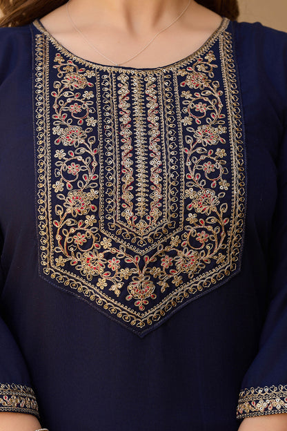 Indrani Navy Blue Rayon Embroidered Kurta Set