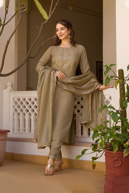 Mrigya Olive Green Rayon Embroidered Kurta Set