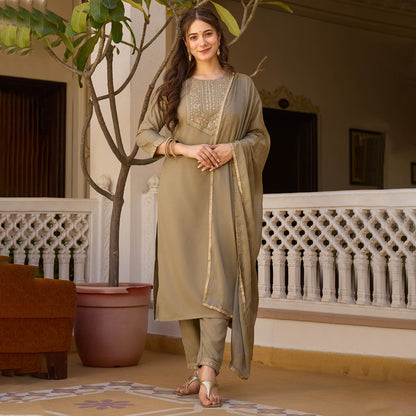 Mrigya Olive Green Rayon Embroidered Kurta Set