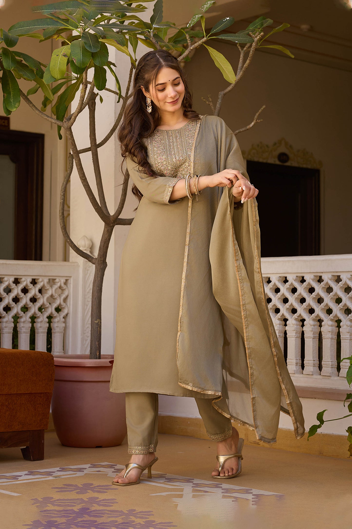 Mrigya Olive Green Rayon Embroidered Kurta Set
