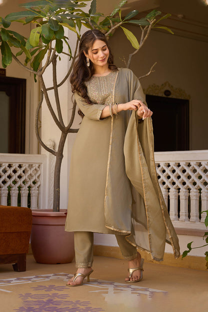 Mrigya Olive Green Rayon Embroidered Kurta Set