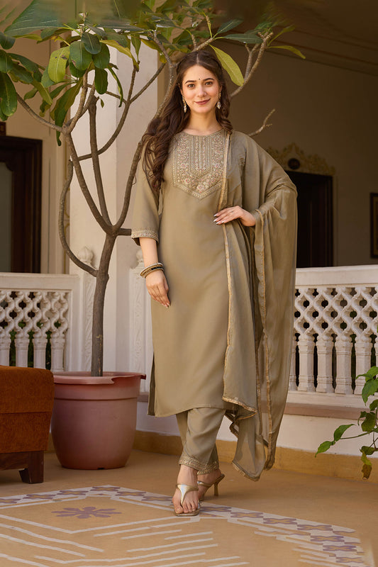 Mrigya Olive Green Rayon Embroidered Kurta Set