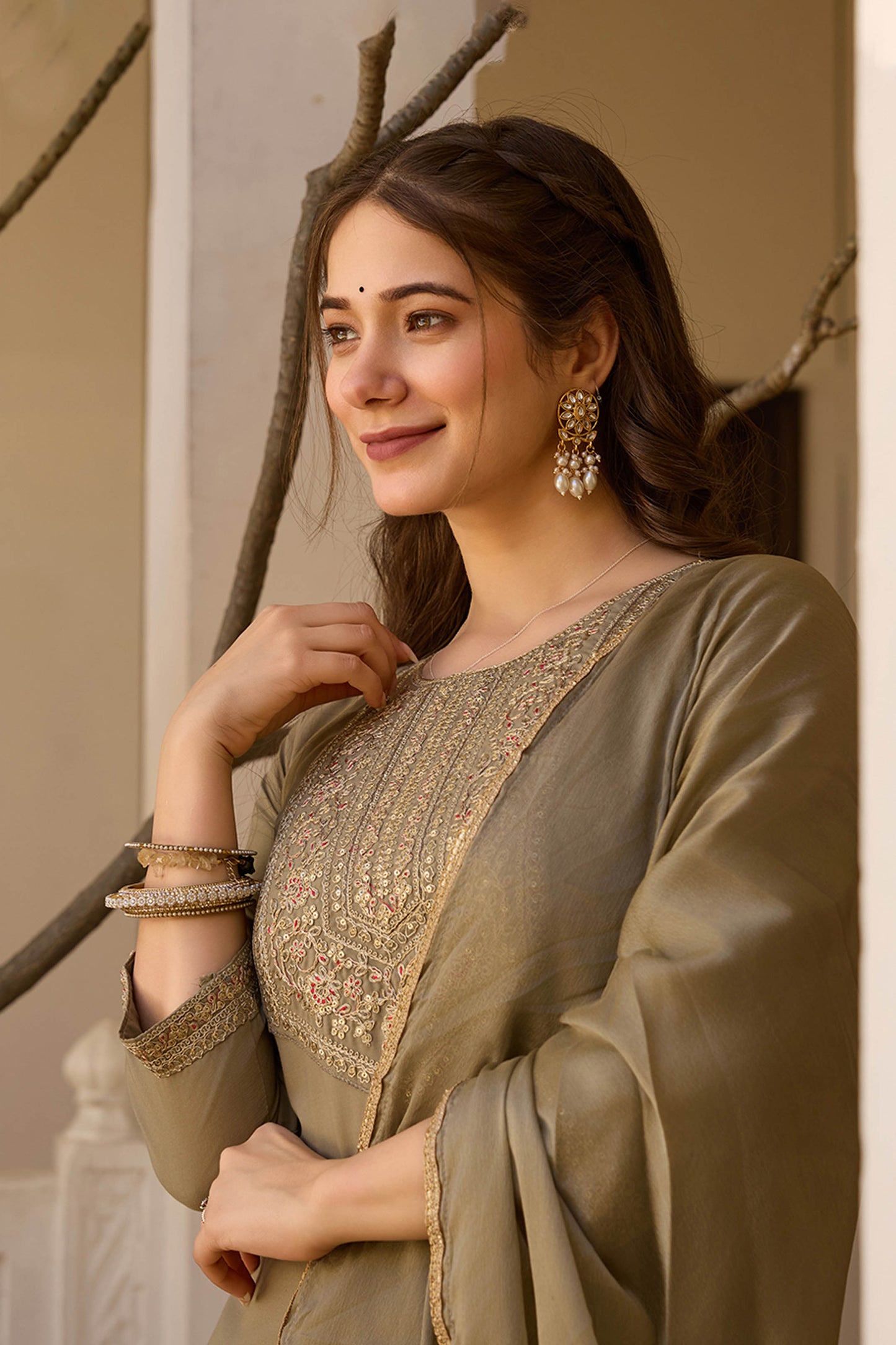 Mrigya Olive Green Rayon Embroidered Kurta Set