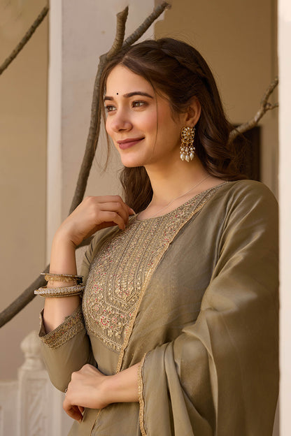 Mrigya Olive Green Rayon Embroidered Kurta Set