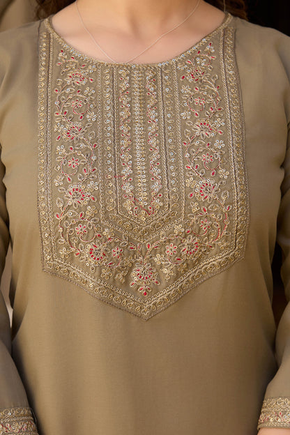 Mrigya Olive Green Rayon Embroidered Kurta Set