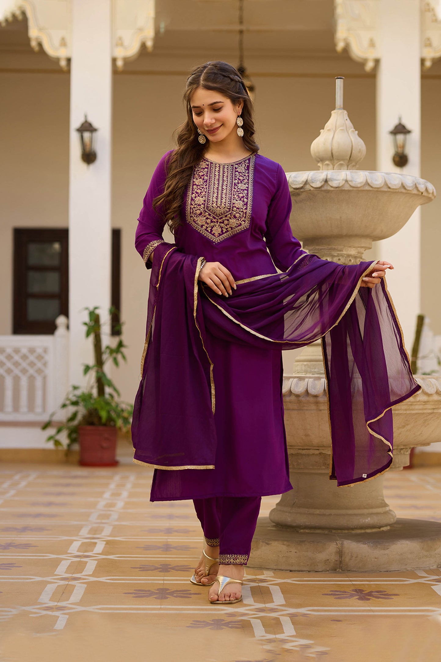 Yamini Wine Purple Rayon Embroidered Kurta Set