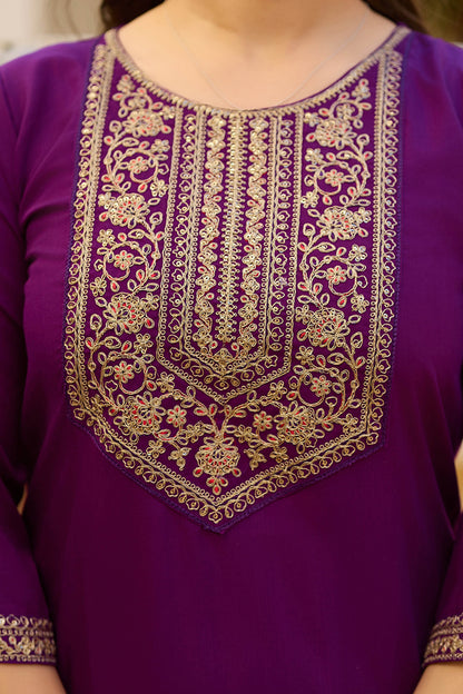 Yamini Wine Purple Rayon Embroidered Kurta Set