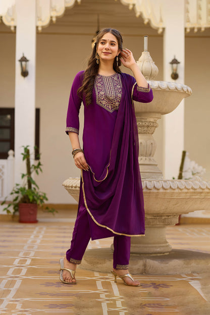 Yamini Wine Purple Rayon Embroidered Kurta Set