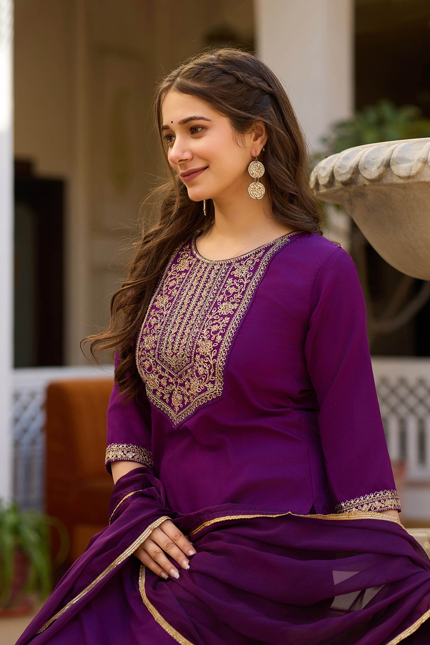 Yamini Wine Purple Rayon Embroidered Kurta Set