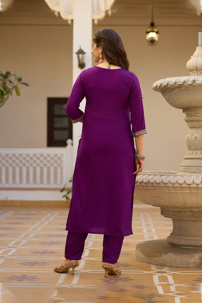 Yamini Wine Purple Rayon Embroidered Kurta Set