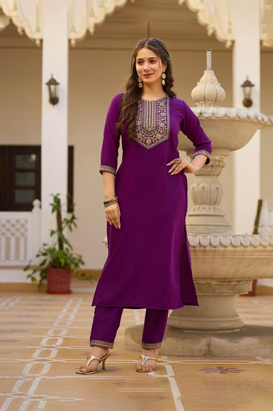 Yamini Wine Purple Rayon Embroidered Kurta Set