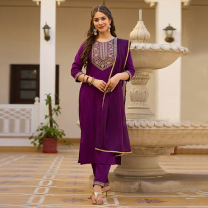 Yamini Wine Purple Rayon Embroidered Kurta Set