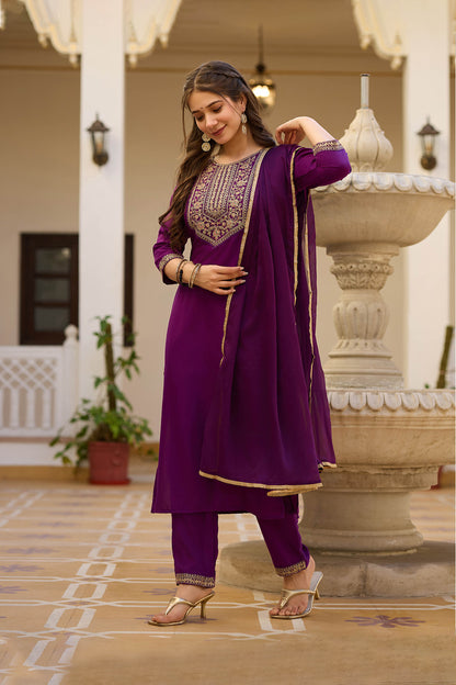 Yamini Wine Purple Rayon Embroidered Kurta Set