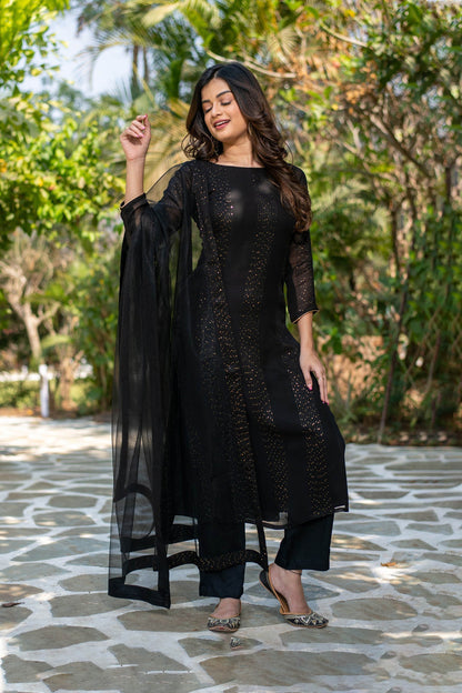 Raatri Black Faux Georgette Embroidered Kurta Set