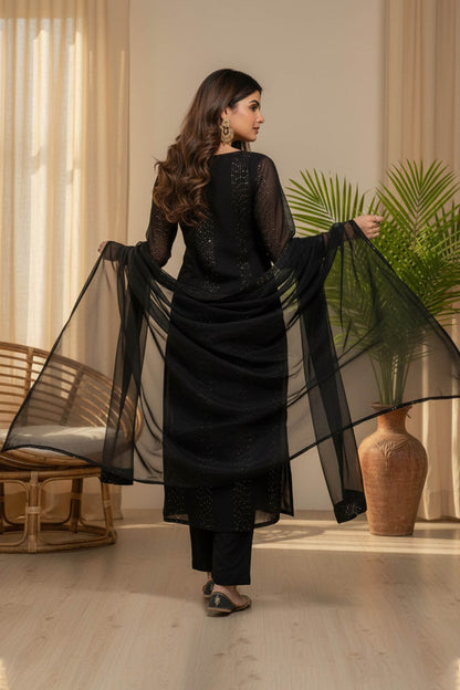 Raatri Black Faux Georgette Embroidered Kurta Set
