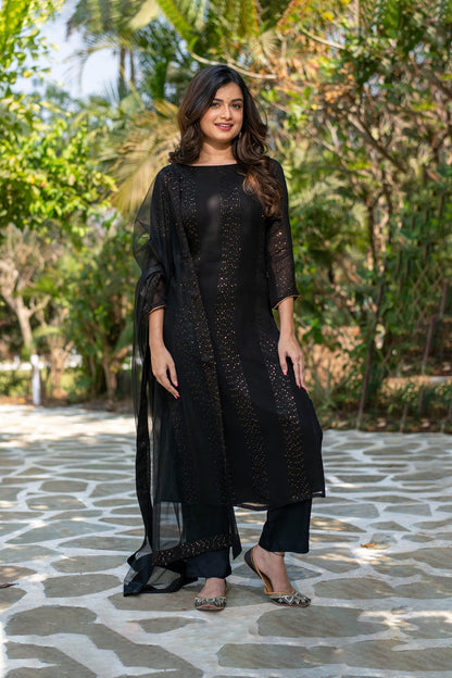 Raatri Black Faux Georgette Embroidered Kurta Set