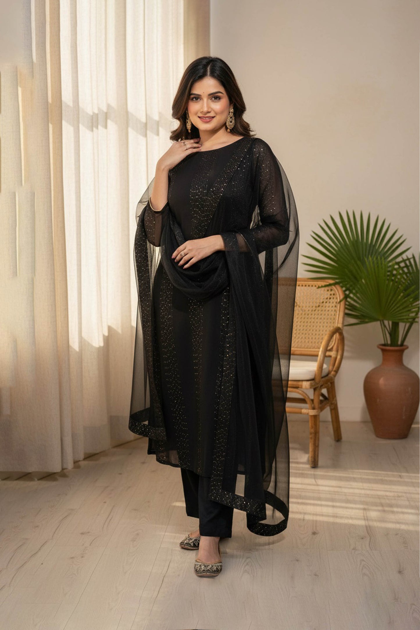 Raatri Black Faux Georgette Embroidered Kurta Set