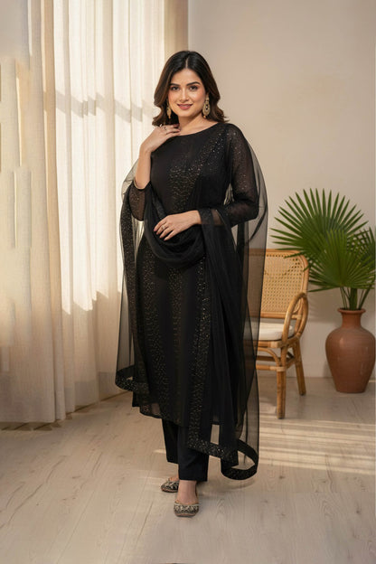 Raatri Black Faux Georgette Embroidered Kurta Set