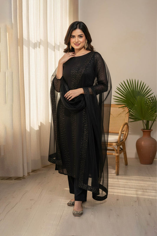 Raatri Black Faux Georgette Embroidered Kurta Set
